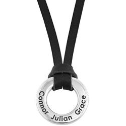 MyNameNecklace Personalized Engraved Circle Shape Pendant Necklace in Sterling Silver 925 with Leather Cord for Men- Custom Jewelry Gift for Him
