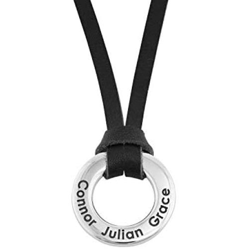 MyNameNecklace Personalized Engraved Circle Shape Pendant Necklace in Sterling Silver 925 with Leather Cord for Men- Custom Jewelry Gift for Him