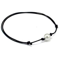 HERMISS Faux Fake Single Pearl Bracelet Black Leather Jewelry Hademade for Women Girl Gift