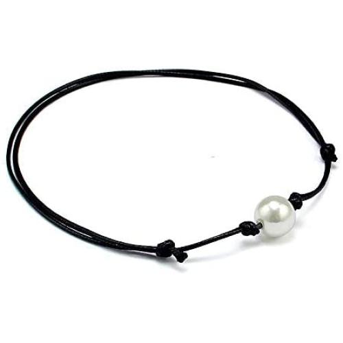 HERMISS Faux Fake Single Pearl Bracelet Black Leather Jewelry Hademade for Women Girl Gift