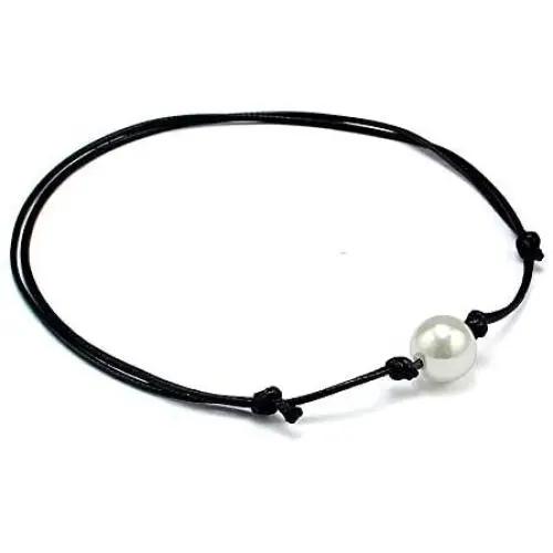 HERMISS Faux Fake Single Pearl Bracelet Black Leather Jewelry Hademade for Women Girl Gift