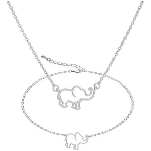 YANCHUN 2 Pieces Lucky Elephant Necklace Dainty Elephant Bracelet for Women Charm Elephant Pendant Necklace Jewelry Set BFF Gift for Girls