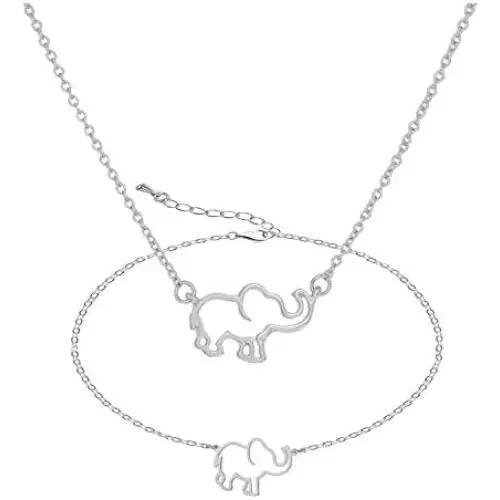 YANCHUN 2 Pieces Lucky Elephant Necklace Dainty Elephant Bracelet for Women Charm Elephant Pendant Necklace Jewelry Set BFF Gift for Girls
