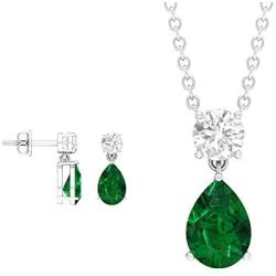 2.07 CT Emerald Necklace and Earrings, D-VSSI Moissanite Jewelry Set, Gold Pendant and Earring, Pear Shaped Green Gemstone Pendant Gifts (AAA Quality)