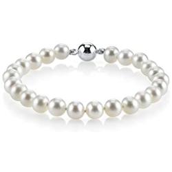 THE PEARL SOURCE Sterling Silver AAA Quality Round White Freshwater Cultured Pearl Magnetic Clasp Bracelet for Women