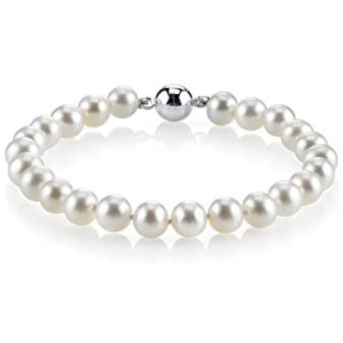 THE PEARL SOURCE Sterling Silver AAA Quality Round White Freshwater Cultured Pearl Magnetic Clasp Bracelet for Women