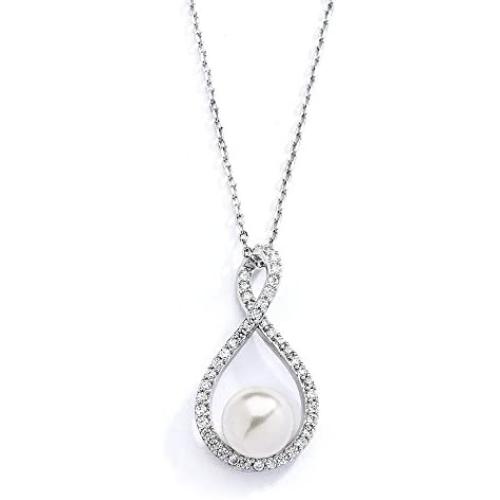 Mariell Eternity Symbol Cubic Zirconia Infinity Wedding Necklace Pendant with Light Ivory Simulated Pearl
