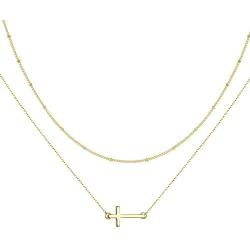 KRENQUE Gold Layer Cross Pendant Necklaces 14K Gold Plated Bar Y Adjustable Chain Necklaces for Women