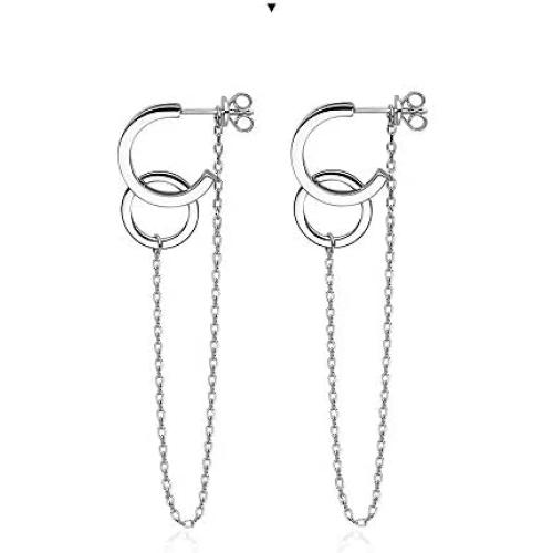 Double Circle Long Chain Tassel Small Hoop Dangle Earrings for Women Men Girls Sensitive Ear S925 Sterling Silver Fashion Unique Punk Threader Dangling Hanging Jewelry Gifts for Birthday Best Friend