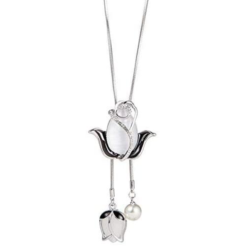 HSQYJ Crystal Flower Pendant Necklace Pretty Pearl Adjustable Long Sweater Necklace Fashion Jewelry for Women Girls