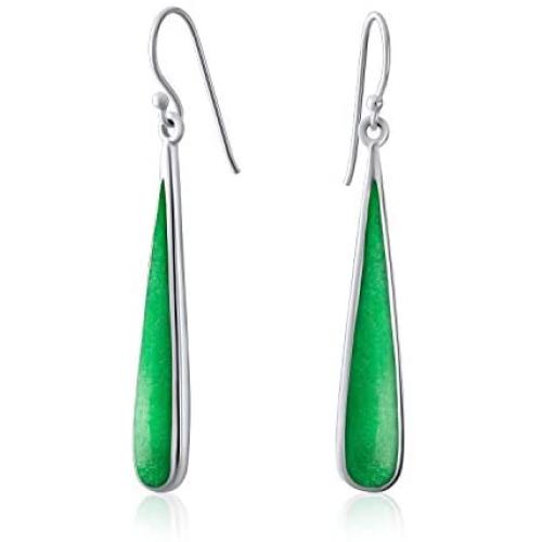 Boho Fashion Semi Precious Gemstone Inlay Long Flat Teardrop Shaped Dangle Earrings For Women 925 Sterling Silver Fish Hook Wire Threader