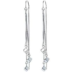 Tiny Cube Long Tassel Threader Chain Drop Dangle Earrings for Women Teen Girls Dainty Elegant White Gold Plated Hypoallergenic Sensitive Ears Hanging Crawler Jewelry Gifts for Girlfriend