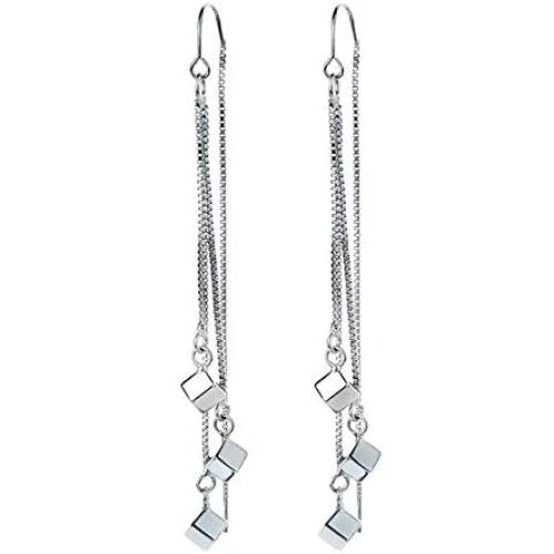 Tiny Cube Long Tassel Threader Chain Drop Dangle Earrings for Women Teen Girls Dainty Elegant White Gold Plated Hypoallergenic Sensitive Ears Hanging Crawler Jewelry Gifts for Girlfriend