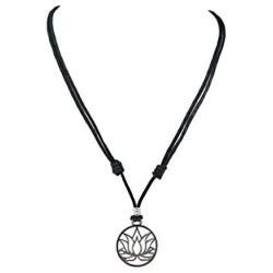 BlueRica Lotus Flower Pendant on Adjustable Black Rope Cord Necklace (Chrome Finish)