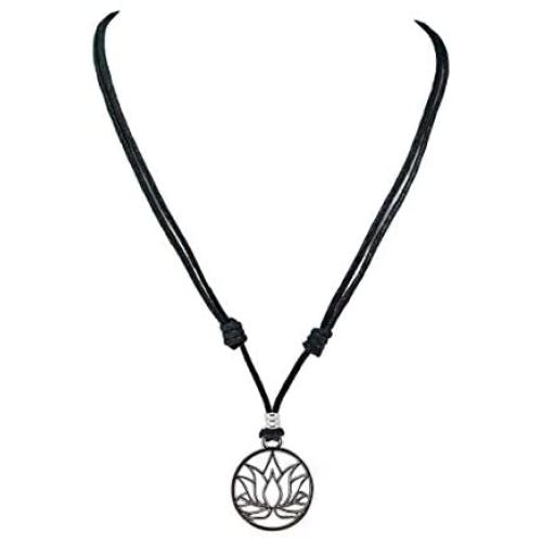 BlueRica Lotus Flower Pendant on Adjustable Black Rope Cord Necklace (Chrome Finish)