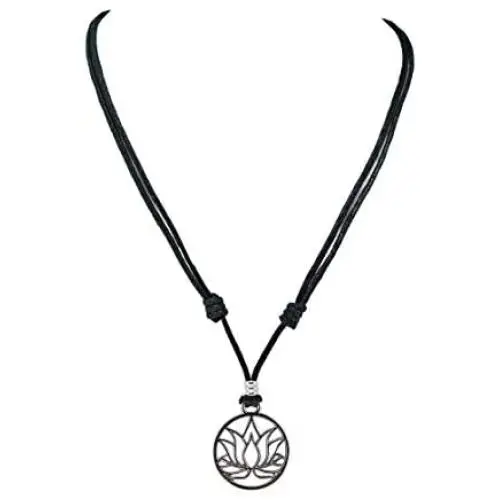 BlueRica Lotus Flower Pendant on Adjustable Black Rope Cord Necklace (Chrome Finish) BlueRica Lotus Flower Pendant on Adjustable Black Rope Cord Necklace (Chrome Finish)