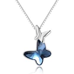 AOBOCO Sterling Silver Chasing Butterfly Pendant Necklace Embellished with Crystals from Austria, Fine Anniversary Birthday Butterfly Jewelry Gifts for Women - Morpho Helena Butterfly Series