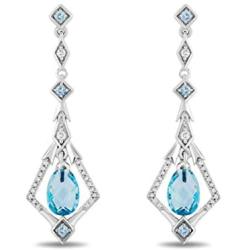 Jewelili Enchanted Disney Fine Jewelry Sterling Silver with 1/8 CTTW Diamonds and Swiss Blue Topaz Elsa Dangling Earrings