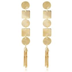 Geometric Metal Motif Linear with Chain Tassel Long Drop Polished Earrings