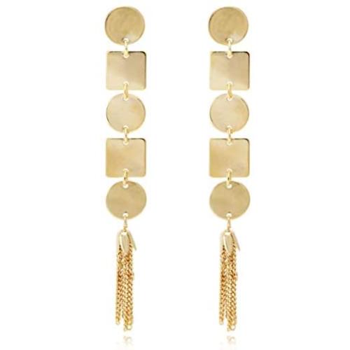 Geometric Metal Motif Linear with Chain Tassel Long Drop Polished Earrings