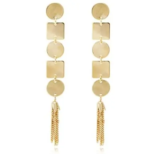 Geometric Metal Motif Linear with Chain Tassel Long Drop Polished Earrings