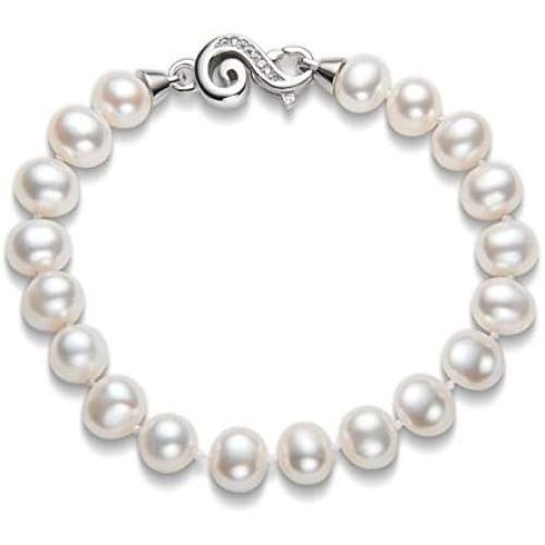 Pearl Bracelets Freshwater Cultured White Pearl Bracelet for Women Sterling Silver Infinity Clasp Pearl Jewelry Gift for Girls Daughter Bridesmaid 7.1 Inches 6-7mm/7-8mm/8-9mm/9-10mm/10-11mm