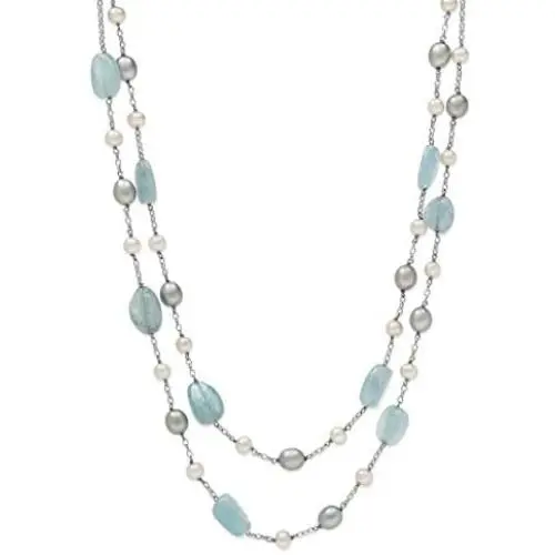 Belacqua Natural Aquamarine & Cultured Freshwater Pearl Layered Station Chain Necklace Belacqua Natural Aquamarine & Cultured Freshwater Pearl Layered Station Chain Necklace