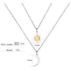 Sun Moon Pendant Necklace, Stainless Steel Heart-Shaped Sun and Moon Y Necklace Vertical Bar Looped Adjustable Long Necklace for Girls, Ladies, Boys, Men, 2 in 1 Set