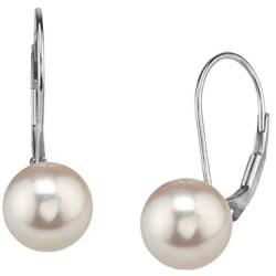 THE PEARL SOURCE Genuine White Japanese Akoya Saltwater Cultured Pearl Leverback Earrings for Women
