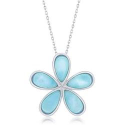 Daisy Flower Caribbean Natural Larimar Gemstone Sterling Silver Pendant 18’’ Necklace Jewelry for Women or Teens