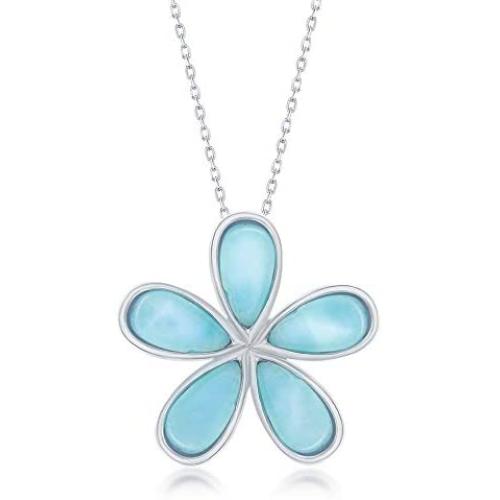 Daisy Flower Caribbean Natural Larimar Gemstone Sterling Silver Pendant 18’’ Necklace Jewelry for Women or Teens