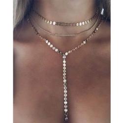 Artmiss Multilayer Gold Sequin Chain Necklace Bar Dapped Long Pendant Necklace Chain Jewelry Chain for Women and Girls