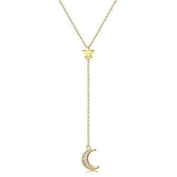 Sllaiss 925 Sterling Silver Moon&Star Necklace Pendant Lariat Y Necklace14K Gold Plated Jewelry for Women, Set with Swarovski Crystals