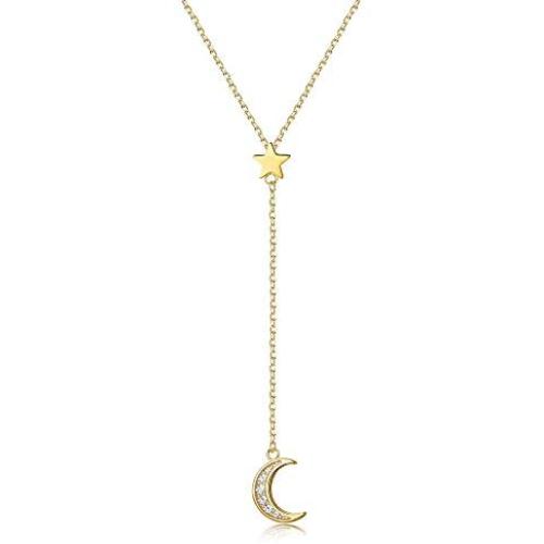 Sllaiss 925 Sterling Silver Moon&Star Necklace Pendant Lariat Y Necklace14K Gold Plated Jewelry for Women, Set with Swarovski Crystals