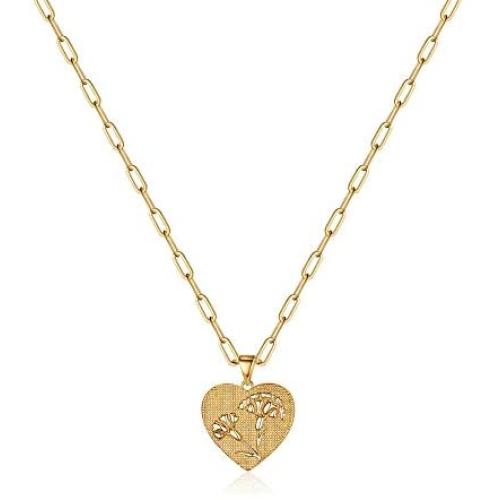 Hidepoo Birth Flower Necklaces for Women, 14K Gold Plated Dainty Paperclip Chain Engraved Floral Heart Necklace Simple Birth Month Flower Pendant Necklace Personalized Jewelry Birthday Gift for Women