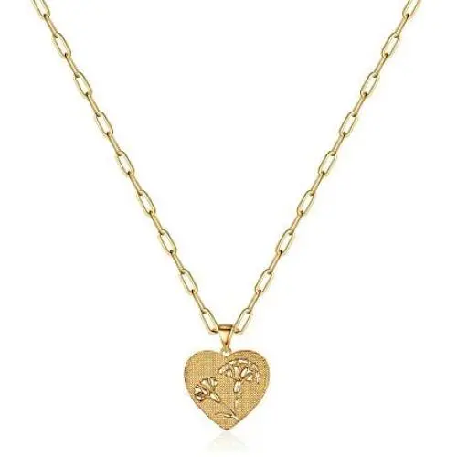 Hidepoo Birth Flower Necklaces for Women, 14K Gold Plated Dainty Paperclip Chain Engraved Floral Heart Necklace Simple Birth Month Flower Pendant Necklace Personalized Jewelry Birthday Gift for Women