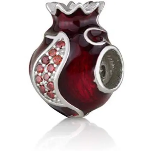 Faith Jewelry Holy Land Red Rimon Pomegranate Charm: Israel Species Carved Fruit Bead Sterling Silver 925 Rhodium Plated Zircon Stones 0.6 Inch