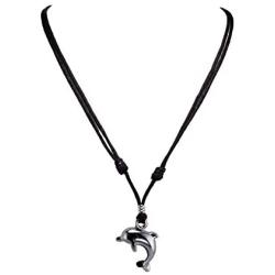 BlueRica Dolphin Pendant on Adjustable Black Rope Cord Necklace (Chrome Finish)