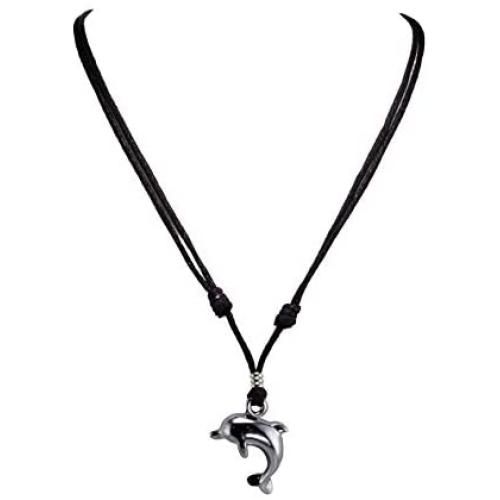 BlueRica Dolphin Pendant on Adjustable Black Rope Cord Necklace (Chrome Finish)