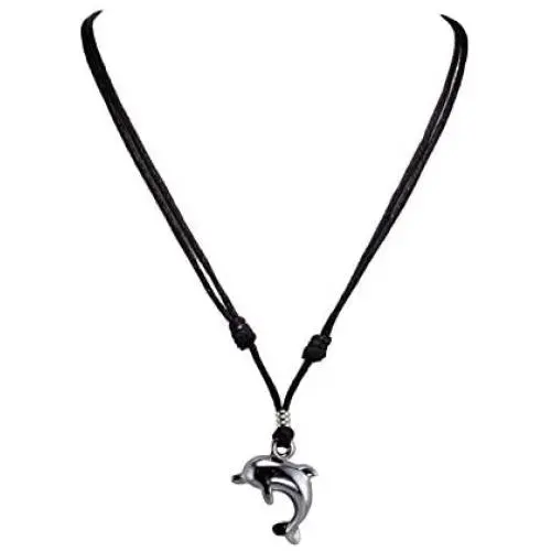 BlueRica Dolphin Pendant on Adjustable Black Rope Cord Necklace (Chrome Finish) BlueRica Dolphin Pendant on Adjustable Black Rope Cord Necklace (Chrome Finish)