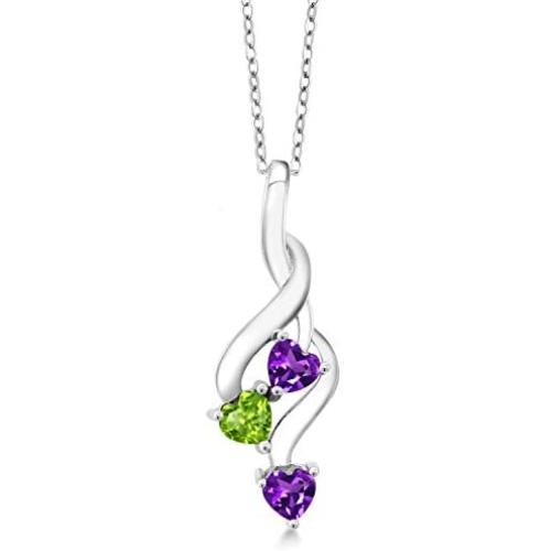 Gem Stone King 925 Sterling Silver Purple Amethyst and Green Peridot Pendant Necklace (0.73 Ct Heart Shape with 18 Inch Silver Chain)