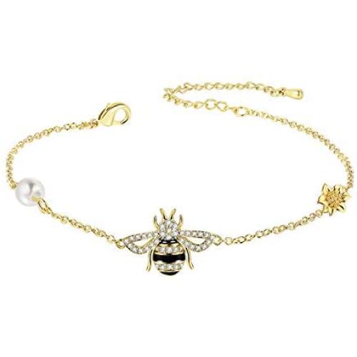 LAZLUVU 18K Gold Honey Bee Charms Bracelet Adjustbale Bangle Bracelets Jewelry Gift for Women