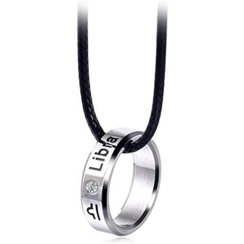 Zodiac Constellation Necklace Pendant for Women Men Stainless Steel Lucky 12 Constellations Ring Leather Necklace Girls Guard Birthday Jewelry