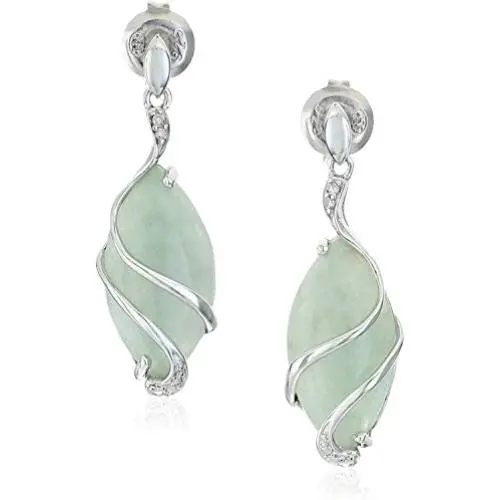 .925 Sterling Silver & Green Jade Diamond-Accented 3/4'' Wire-Wrapped Marquise Cut Drop Earrings or 18'' Pendant Necklace .925 Sterling Silver & Green Jade Diamond-Accented 3/4'' Wire-Wrapped Marquise Cut Drop Earrings or 18'' Pendant Necklace