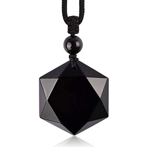 Obsidian Pendant Necklace Obsidian Crystal Pendant Necklace Pattern with Extend Bead Chain for Men or Women