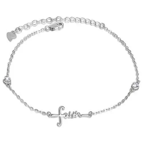 UCADRIT Faith Cross Charm Bracelet Sterling Silver with Simulated Birthstone Faith Jewelry for Women