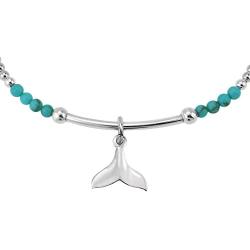 Ocean Serenity Whale Tail Simulated Green Turquoise Inlay .925 Sterling Silver Beads Stretch Bracelet