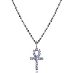 TOPGRILLZ 14K Gold Plated Iced Out CZ Lab Diamond Ankh Cross Egyptian Pendant for Men and Women with 24'' Stainless Steel Chain Necklace