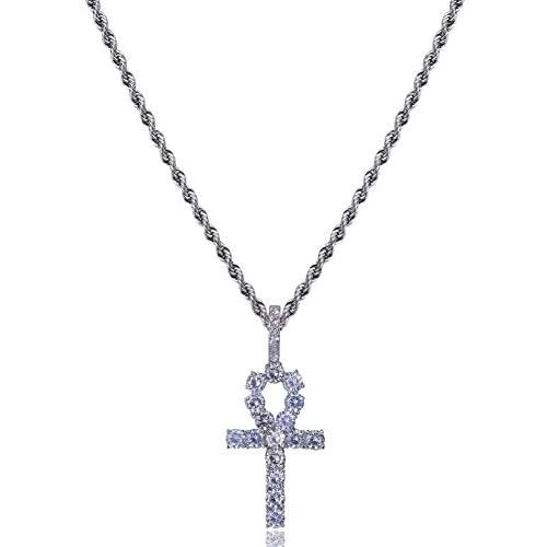 TOPGRILLZ 14K Gold Plated Iced Out CZ Lab Diamond Ankh Cross Egyptian Pendant for Men and Women with 24'' Stainless Steel Chain Necklace