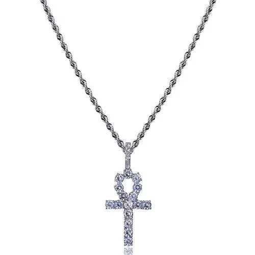TOPGRILLZ 14K Gold Plated Iced Out CZ Lab Diamond Ankh Cross Egyptian Pendant for Men and Women with 24'' Stainless Steel Chain Necklace